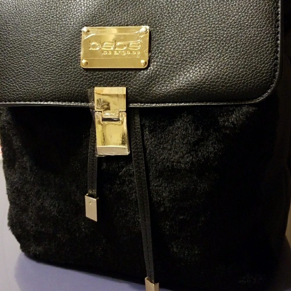 Bebe Black Backpack, w/ Fur, New - Picture 7 of 7
